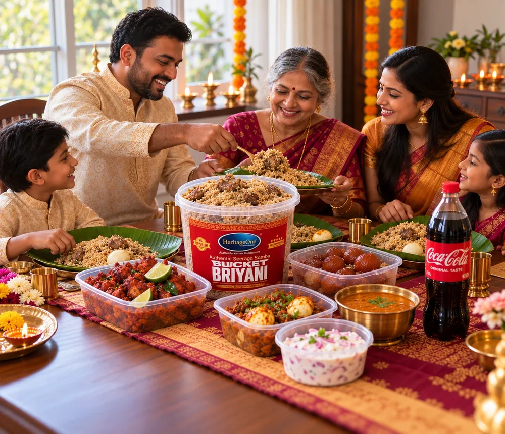 A family sharing a HeritageOne Bucket Briyani with a chicken starter, egg mass, raitha, salna, gulab jamun and Coke at a Deepavali lunch