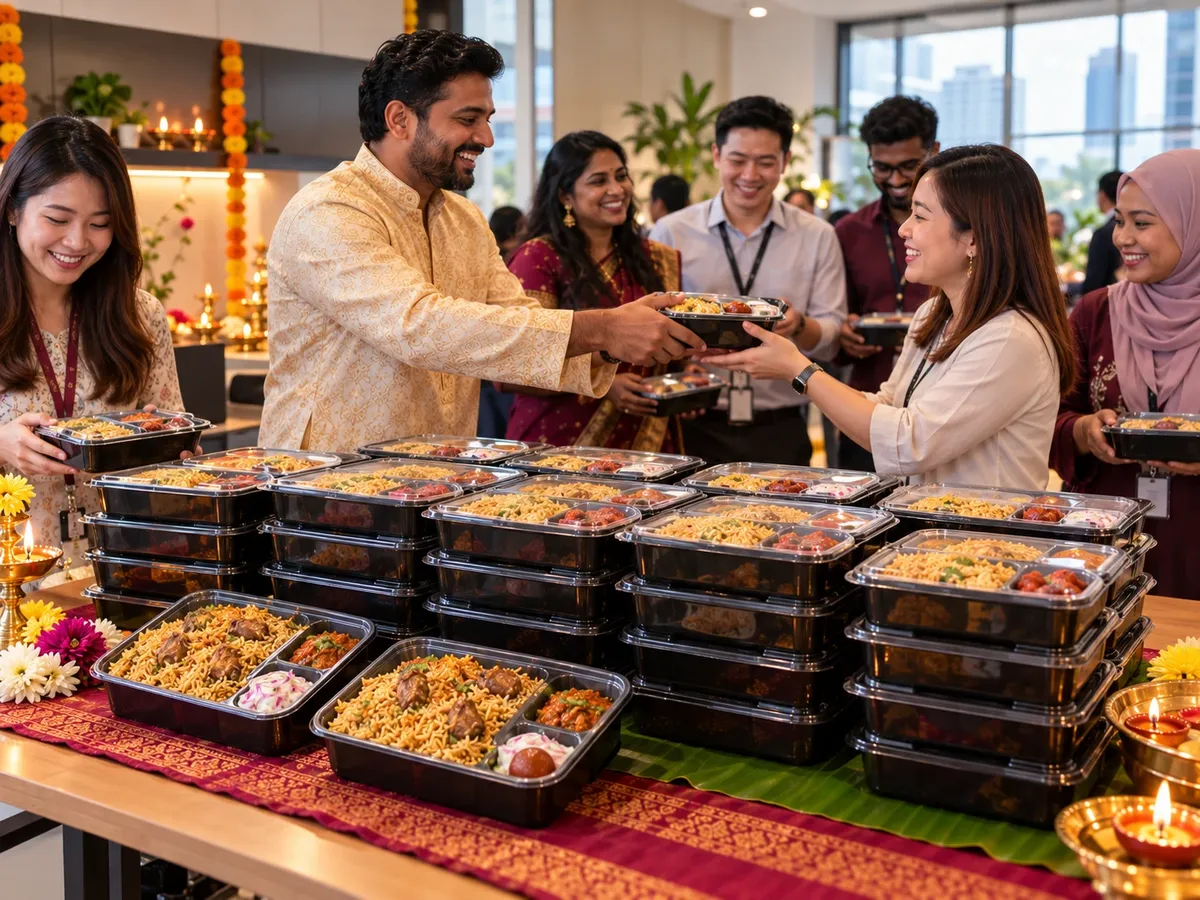 A manager handing out stacked briyani bento boxes to his team at an office Deepavali lunch