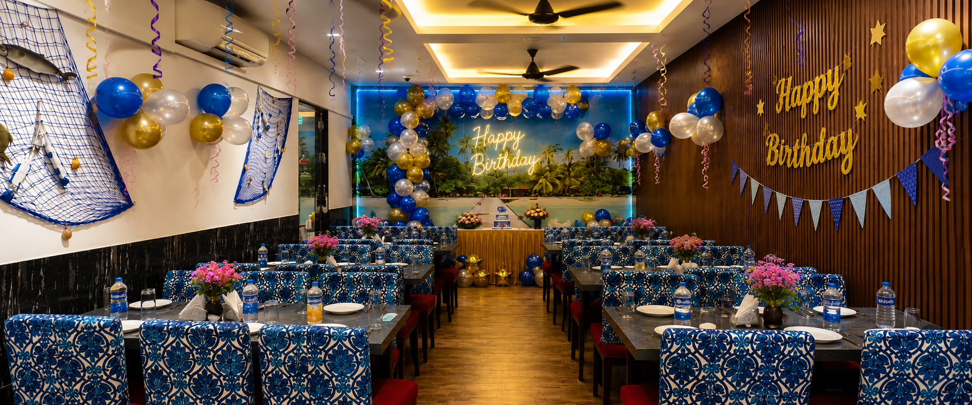 HeritageOne Party Hall decorated for a birthday celebration