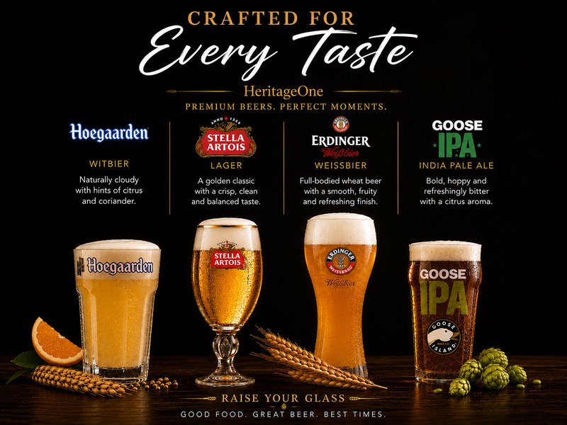Draft beers: Hoegaarden, Stella Artois, Erdinger, Goose IPA